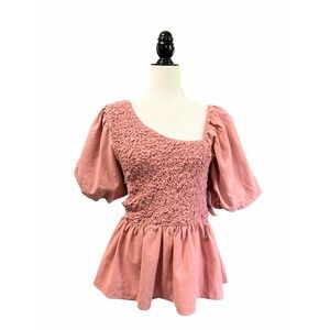 Arula Pink Smocked‎ Puff‑Sleeve Asymmetrical Neckline Cotton Blouse Women's 1X